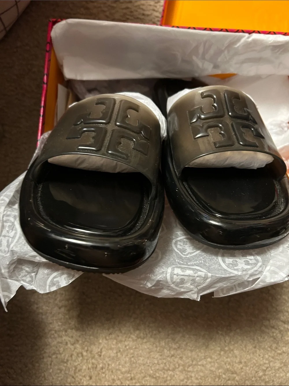 Tory Burch Black Gloss Logo Slide Sandals